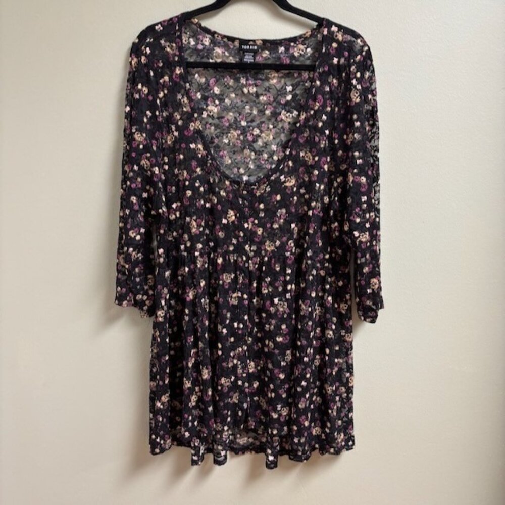 Torrid Womens Sheer Lace Floral Tunic Top Size 3 Whimsigoth Fairy‎ Grunge Button